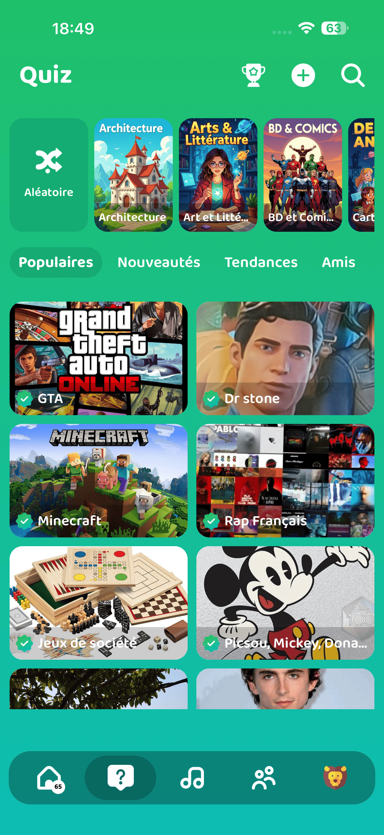 Screen de l'accueil des Quiz