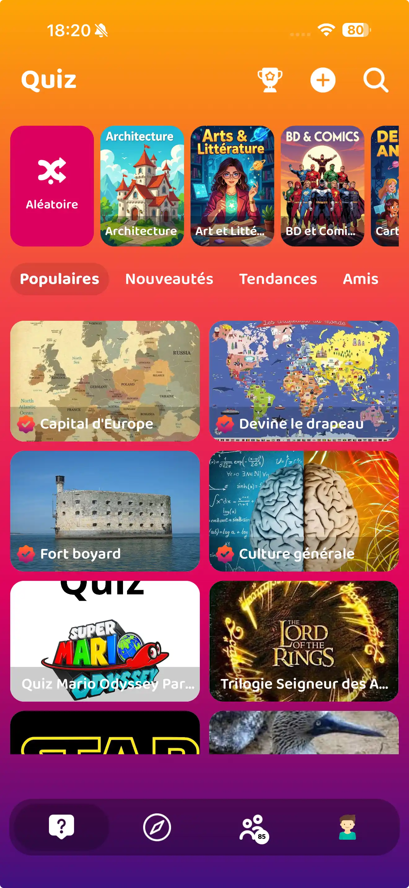 Screen de l'accueil des Quiz